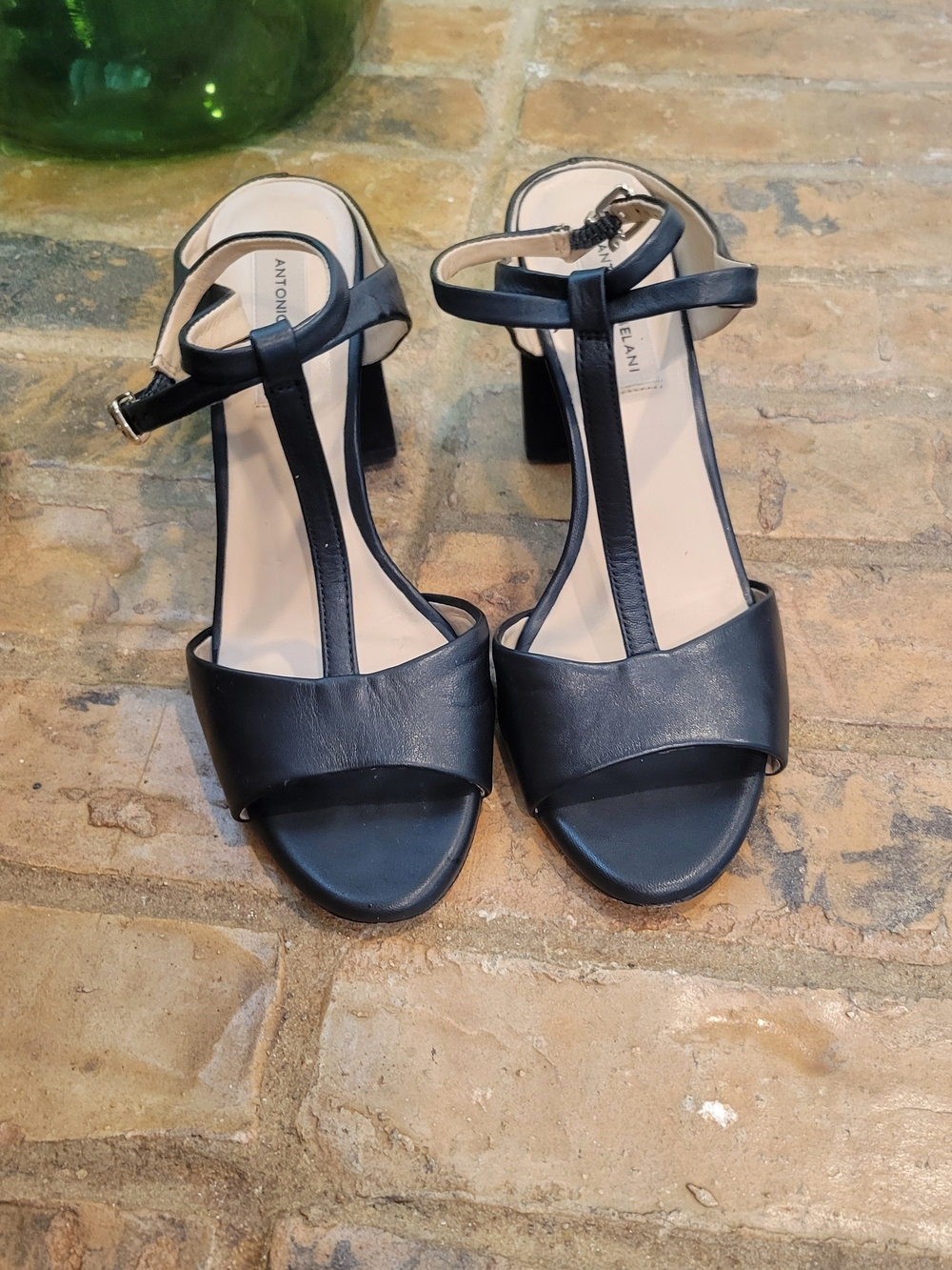ANTONIO MELANI Black T-Strap Block Heel Sandals